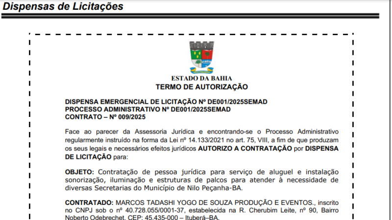 Nilo Peçanha: Dispensa de Licitação para Eventos em Meio a Questionamentos