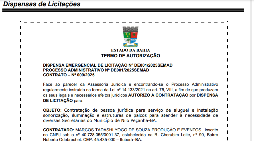 Nilo Peçanha: Dispensa de Licitação para Eventos em Meio a Questionamentos